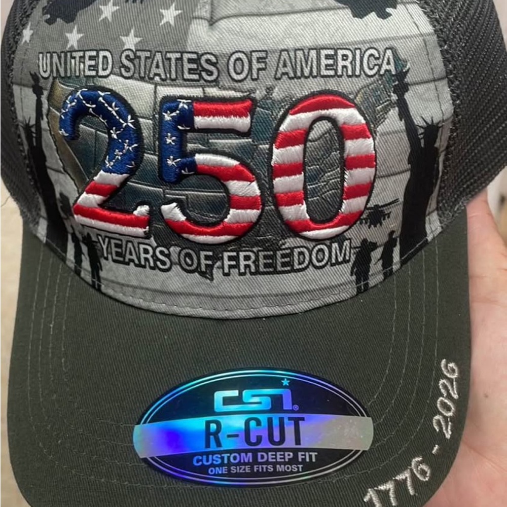 250 Years of Freedom Trucker Hat - Olive/Black with American Flag Embroidery